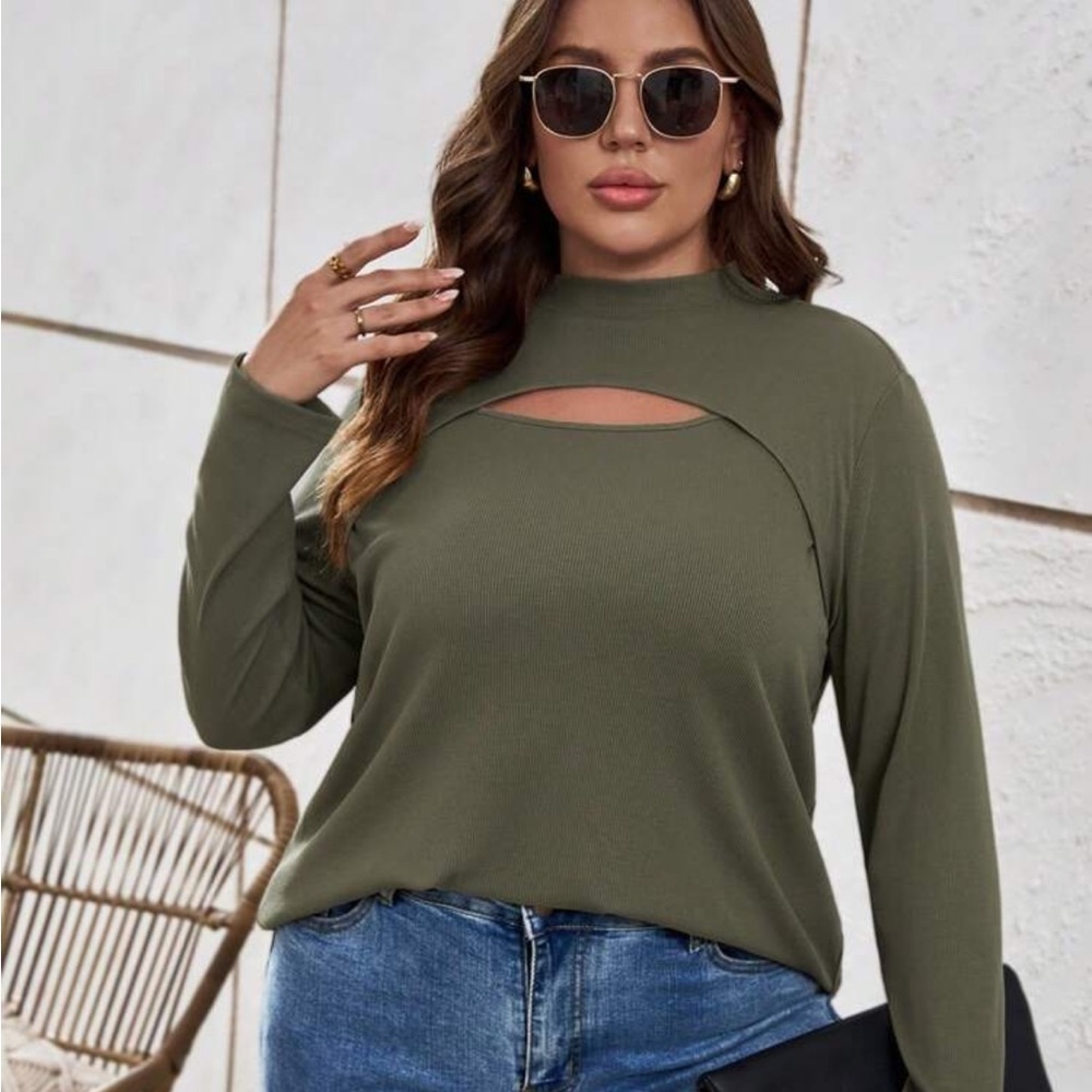 SHEIN Curve Olive Green Ribbed Cutout Long Sleeve Top Plus Size 0XL Mock Neck